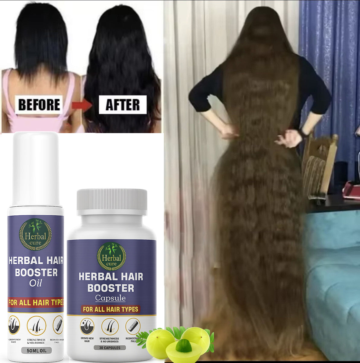 Combo of Herbal Hair Booster Oil and Capsule-For Men and Women