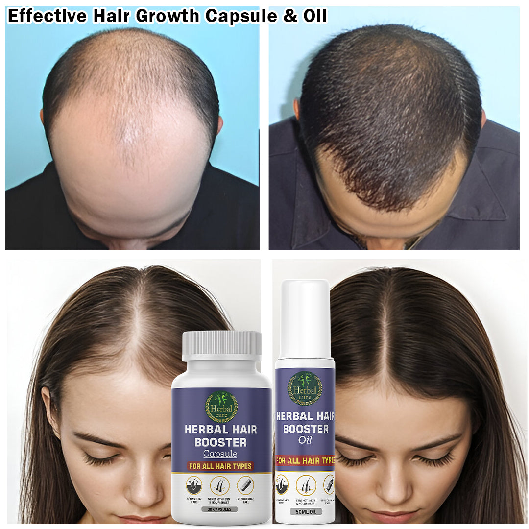 Before and after images of hair growth with Herbal Hair Booster products.