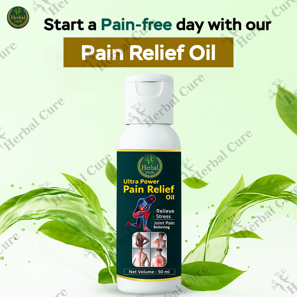 Pain relief oil bottle with green leaves