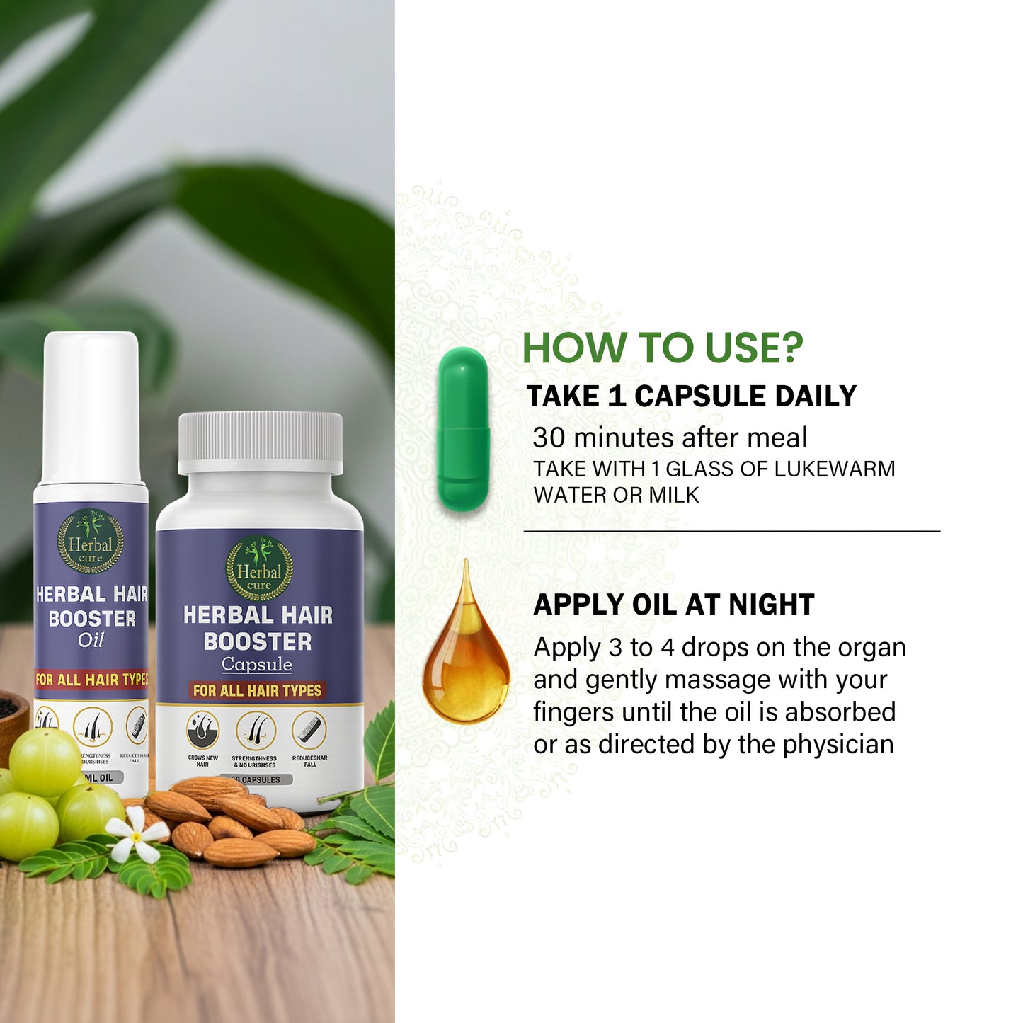 Combo of Herbal Hair Booster Oil and Capsule-For Men and Women