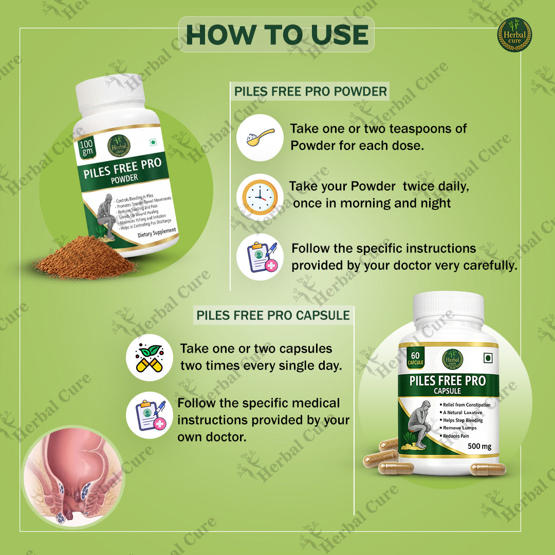 Instructions for using Piles Free Pro Powder and Capsules