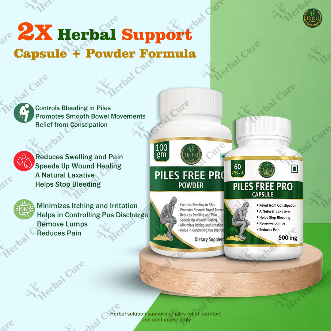 Piles Free Pro Powder and Capsule on a wooden stand 