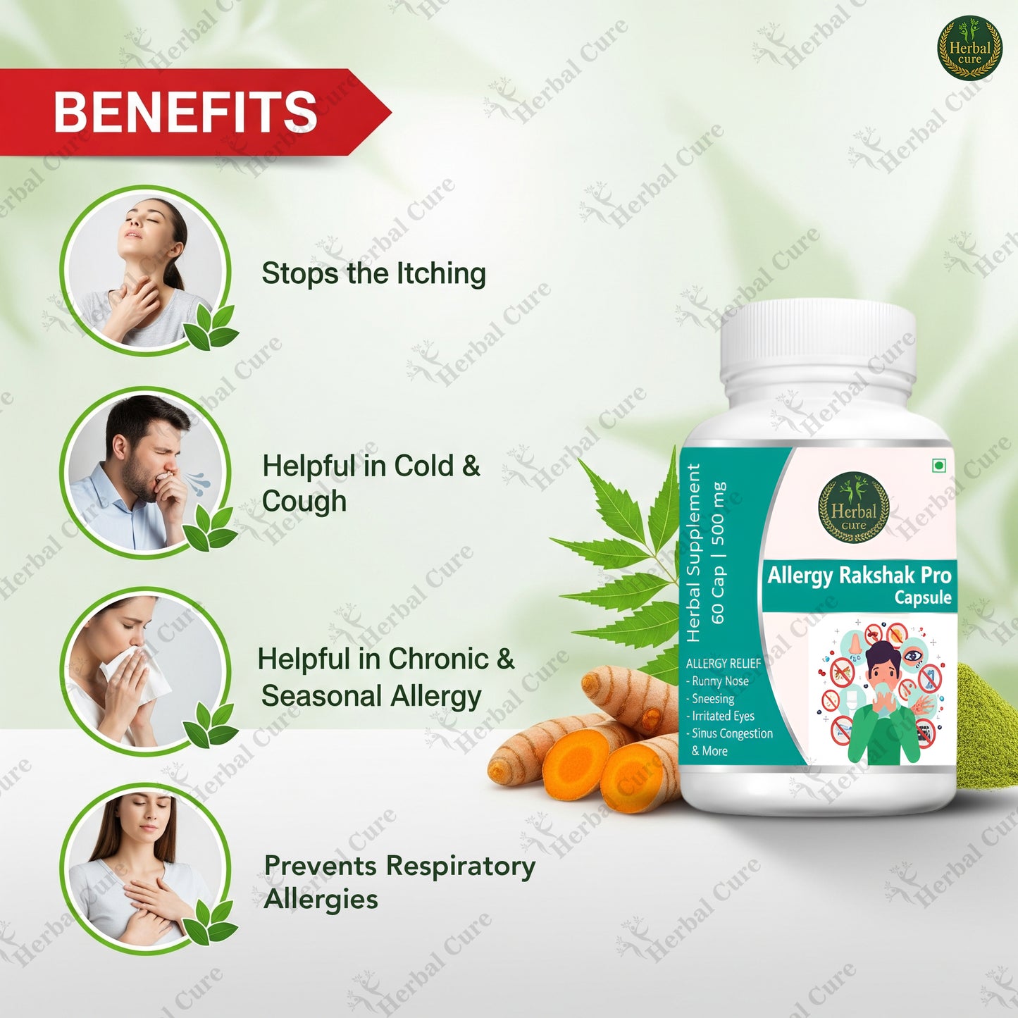 Bottle of Allergy Rakshak Pro Capsule with benefits listed 