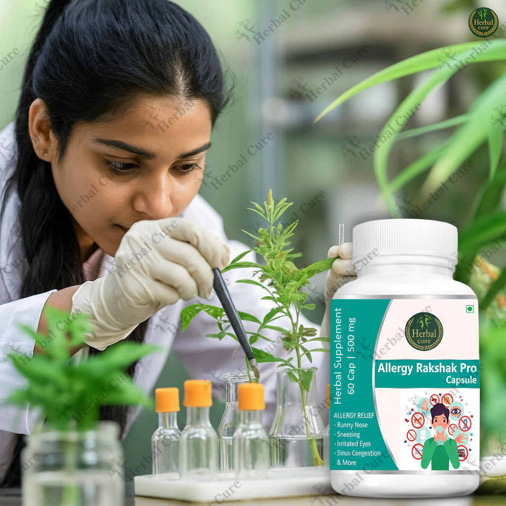 Person in a lab setting with plants and a bottle of 'Allergy Rakshak Pro' capsules.