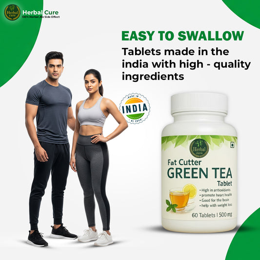 Bottle of Fat Cutter Green Tea Tablets with a man and woman standing next to it, 