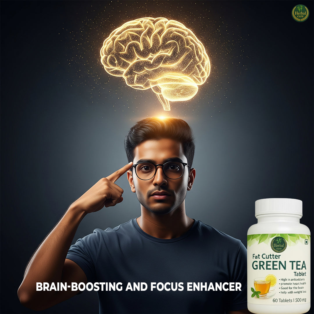 Man pointing to his head with a glowing brain above, next to a bottle of Fat Cutter 