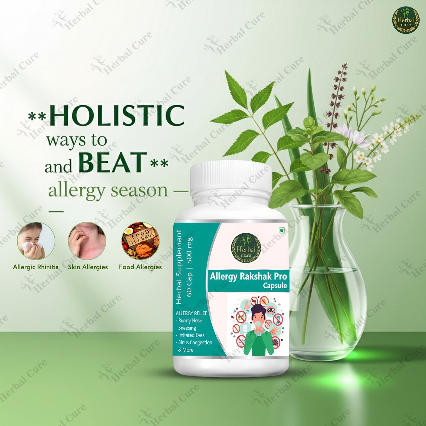 Herbal supplement bottle labeled 'Allergy Rakshak Pro Capsule' 