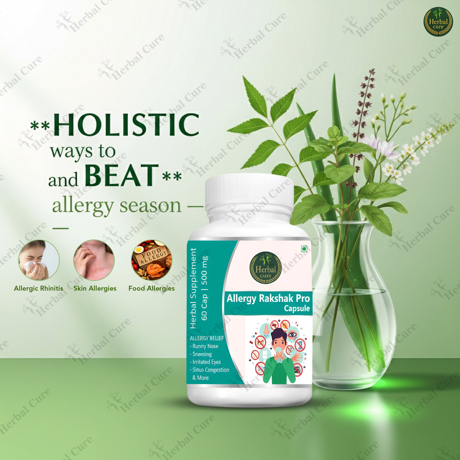 Herbal supplement bottle labeled 'Allergy Rakshak Pro Capsule' 