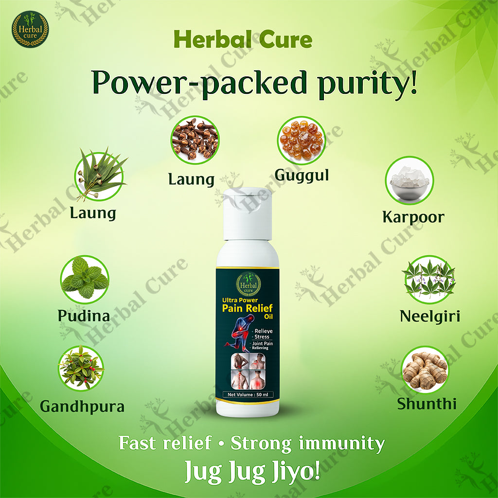 Herbal Cure Pain Relief Oil advertisement with ingredients and benefits 