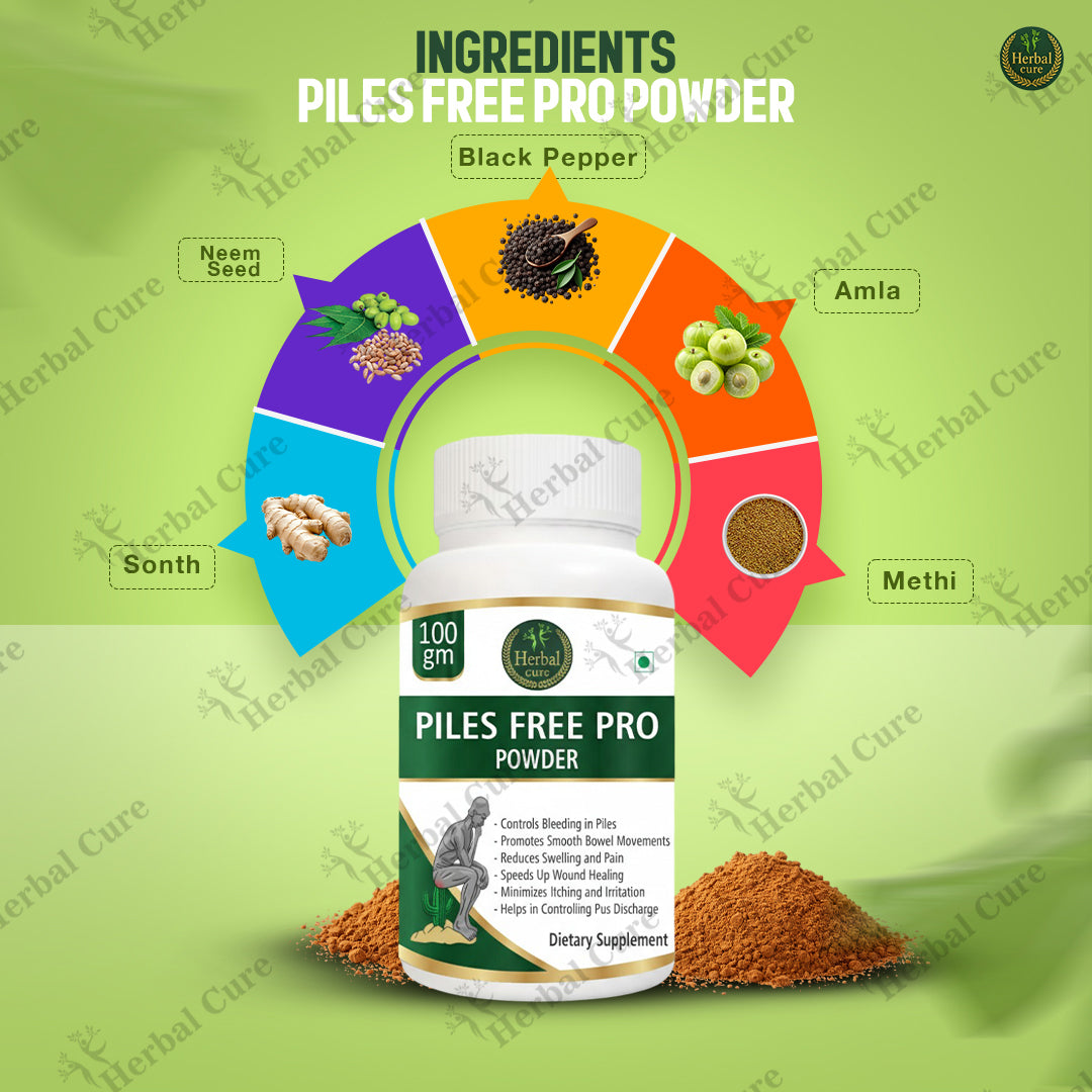 Bottle of 'Piles Free Pro Powder' with ingredients 