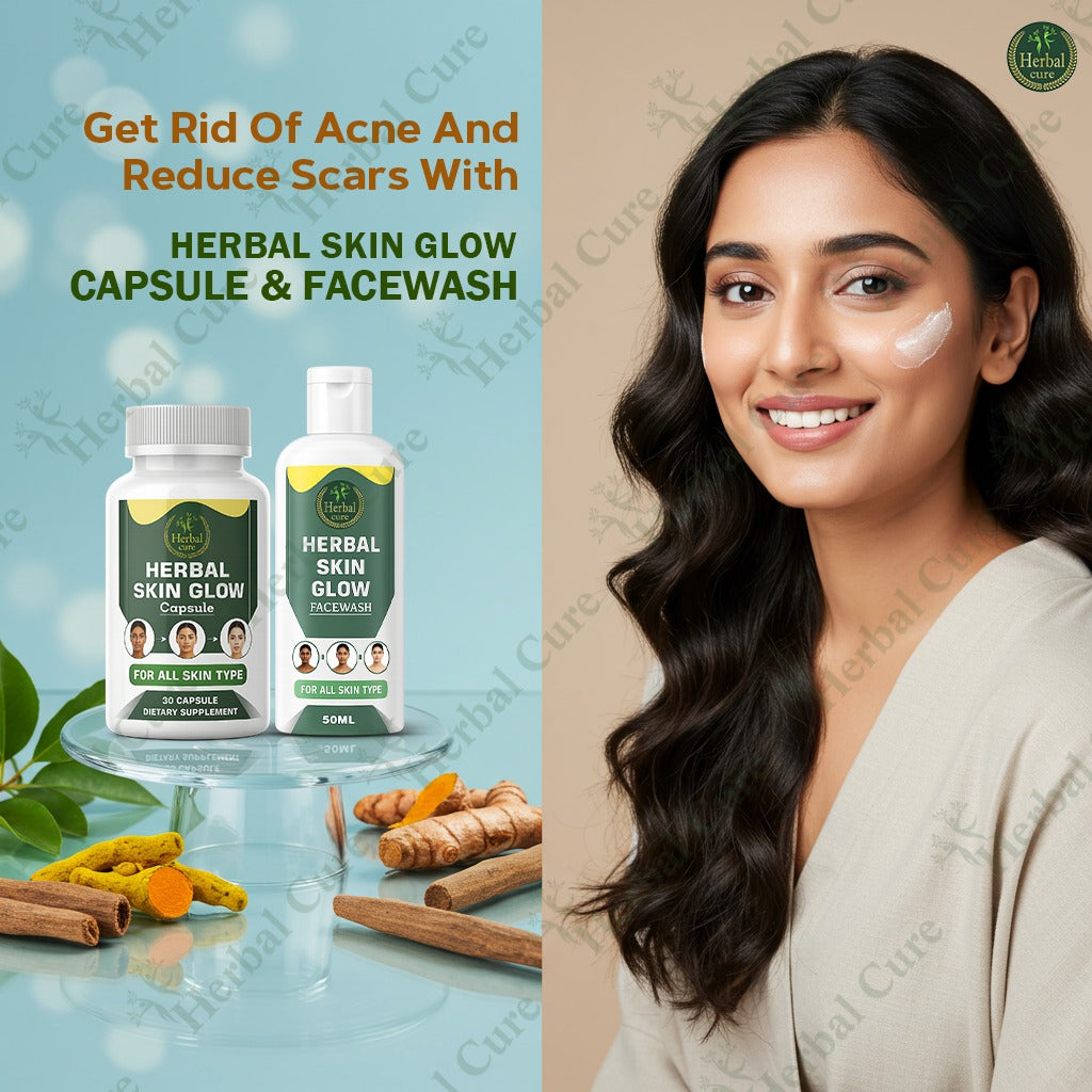 Herbal skin care products with a woman using the product on her face.
