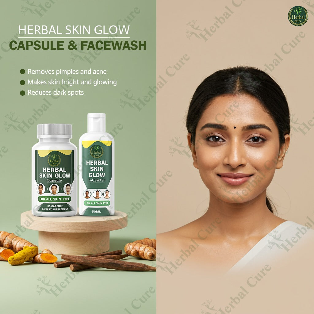 Herbal Skin Glow capsule and facewash with a woman's 