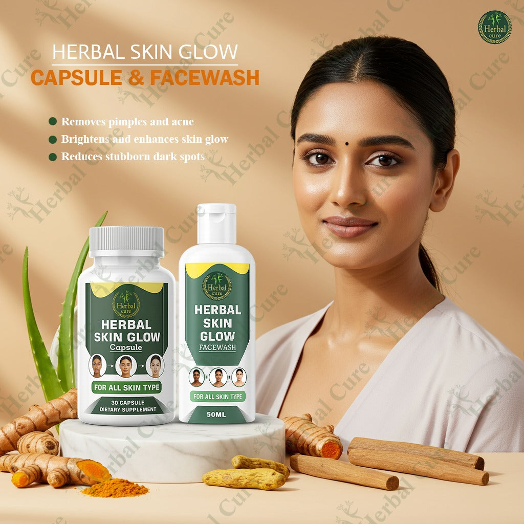 Herbal Skin Glow capsule and facewash with a woman and natural ingredients 