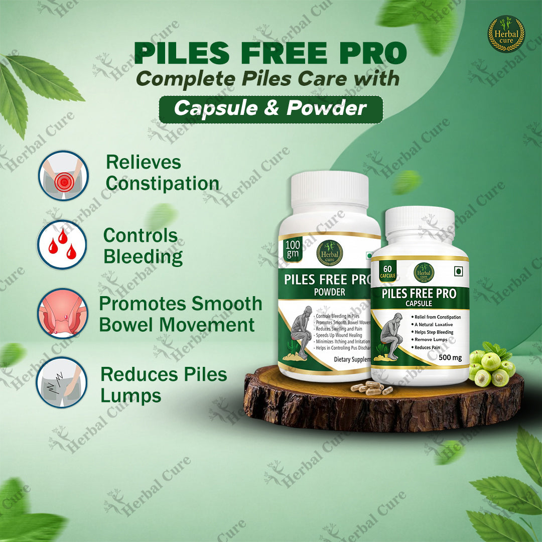 Piles Free Pro capsule and powder packaging on a wooden stand 